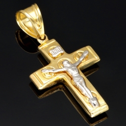 Jesus Kreuz-Anhänger aus glänzendem Bicolor Gold 14k / 585 (Gelbgold und Weißgold)