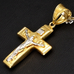 Jesus Kreuz-Anhänger aus glänzendem Bicolor Gold 14k / 585 (Gelbgold und Weißgold)