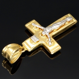 Jesus Kreuz-Anhänger aus glänzendem Bicolor Gold 14k / 585 (Gelbgold und Weißgold)