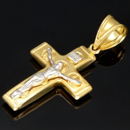 Jesus Kreuz-Anhänger aus glänzendem Bicolor Gold 14k / 585 (Gelbgold und Weißgold)