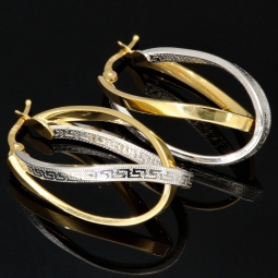 Oval geschwungene Greco Doppel - Creolen in 585er 14K Bicolor Gold (Gelbgold und Weißgold)