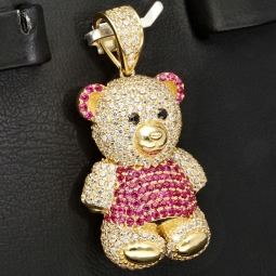 Funkelnder Teddy-Bär-Anhänger aus 585 14K Gold mit pinken, Zirkoniasteinen