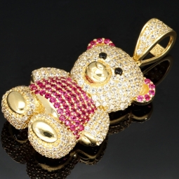 Funkelnder Teddy-Bär-Anhänger aus 585 14K Gold mit pinken, Zirkoniasteinen