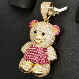 Funkelnder Teddy-Bär-Anhänger aus 585 14K Gold mit pinken, Zirkoniasteinen