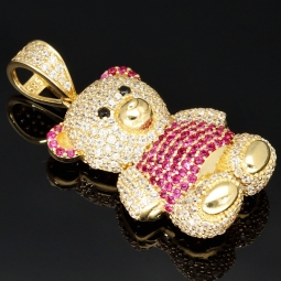 Funkelnder Teddy-Bär-Anhänger aus 585 14K Gold mit pinken, Zirkoniasteinen