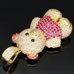 Funkelnder Teddy-Bär-Anhänger aus 585 14K Gold mit pinken, Zirkoniasteinen