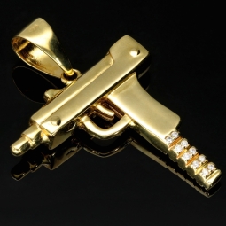 Gold- Anhänger Uzi / Maschinenpistole aus hochwertigem 585 / 14K Gold mit Zirkonia