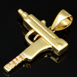 Gold- Anhänger Uzi / Maschinenpistole aus hochwertigem 585 / 14K Gold mit Zirkonia