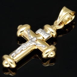 Feiner Jesus-Christus-Kreuz-Anhänger aus 14k 585 Gold Bicolor (Gelbgold und Weißgold)