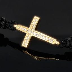 Trendiges Zug-Armband mit Kreuz aus funkelndem 585 / 14K Gold mit Zirkoniasteinen