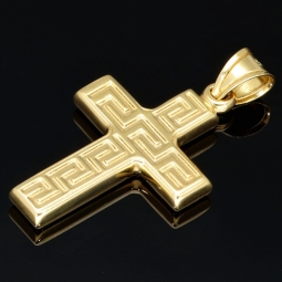 Funkelndes Kreuz mit stilvollem Greco Dekor aus Gold 14k (585er) Gelbgold