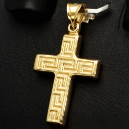 Funkelndes Kreuz mit stilvollem Greco Dekor aus Gold 14k (585er) Gelbgold