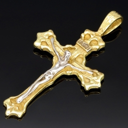 Massiver Jesus-Kreuz-Anhänger mit filigranen Details aus 8k 333 Bicolor Gold (Gelbgold und Weißgold)